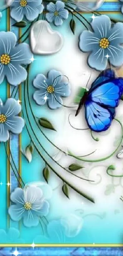 Blue butterfly with floral design wallpaper background.