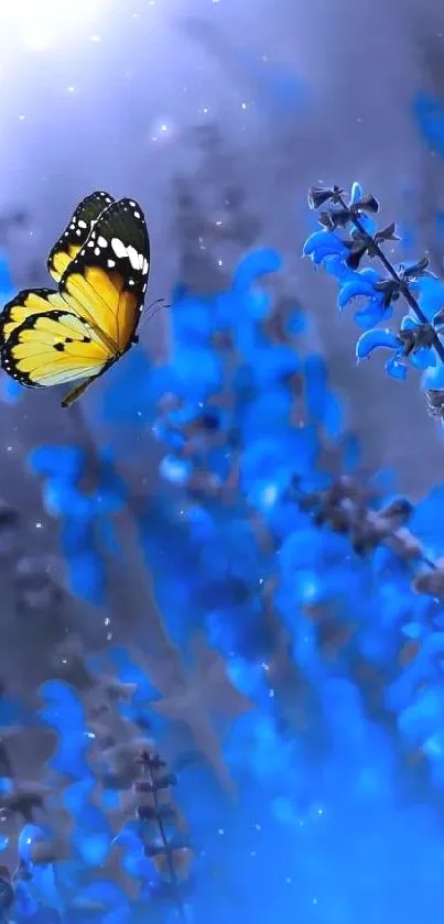 Blue flowers with yellow butterfly on mobile wallpaper.