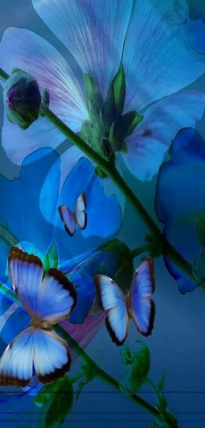 Vibrant blue butterflies and flowers adorn the calming wallpaper background.