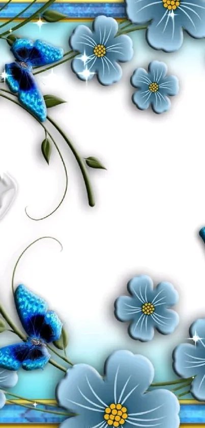 Blue flowers and butterflies wallpaper with elegant design.