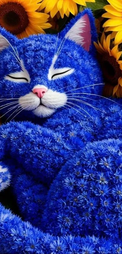 Blue floral cat surrounded by sunflowers in vibrant wallpaper.