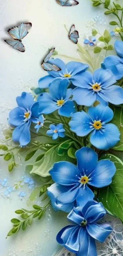 Blue flowers with butterflies wallpaper for mobile phones.