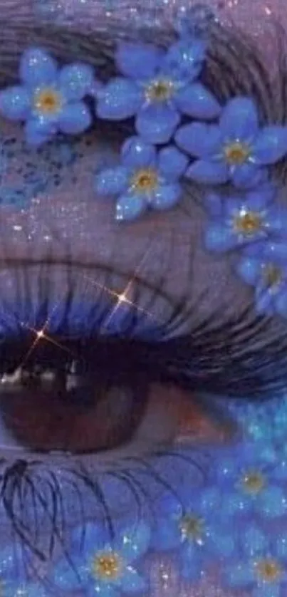 Eye art with blue flowers and glitter effect.