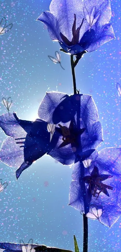 Blue floral fantasy wallpaper with purple blooms.