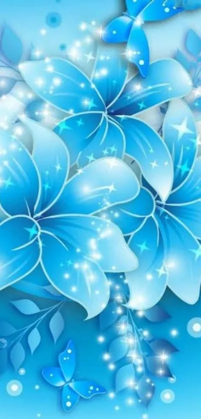 Blue floral fantasy wallpaper with butterflies and sparkles.