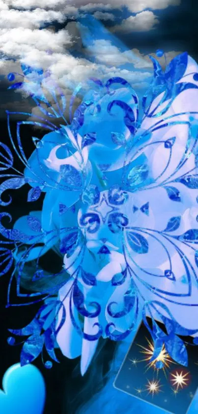 Blue floral fantasy mobile wallpaper with clouds and digital art effects.