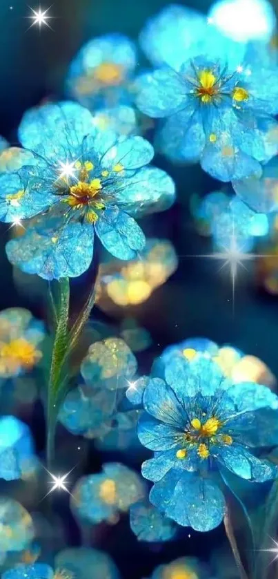 Blue flowers with glowing details in a fantasy-themed wallpaper.