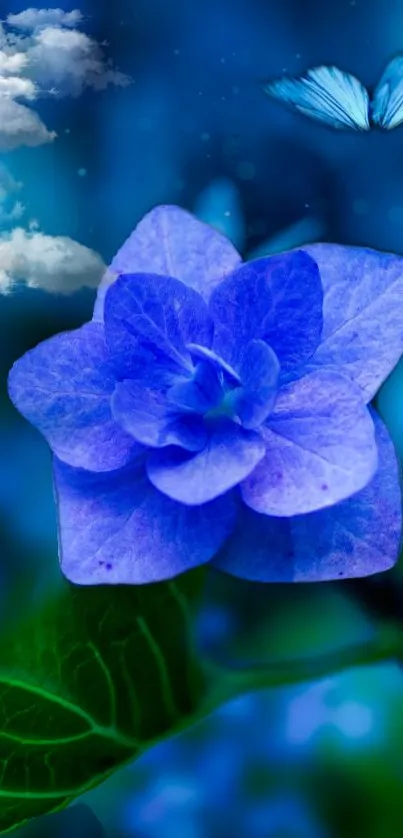 Vibrant blue flower with butterfly and clouds.