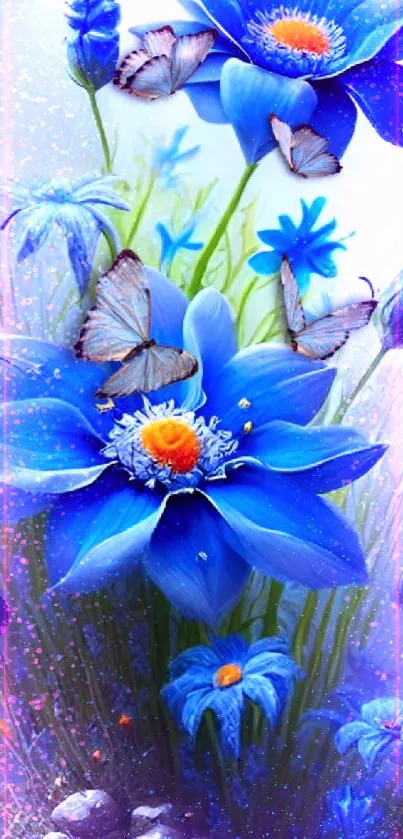 Blue flowers with butterflies on nature-inspired wallpaper.