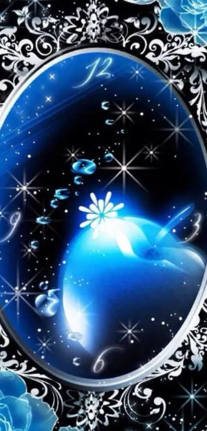 Blue floral galaxy wallpaper with stars and clock design.