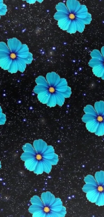 Stunning wallpaper with blue cosmos flowers and starry galaxy backdrop.