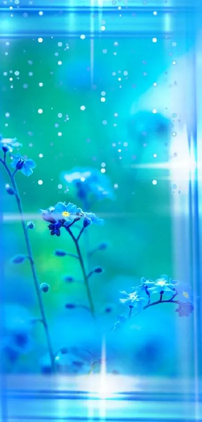 Serene blue wallpaper with glowing flowers and stars.