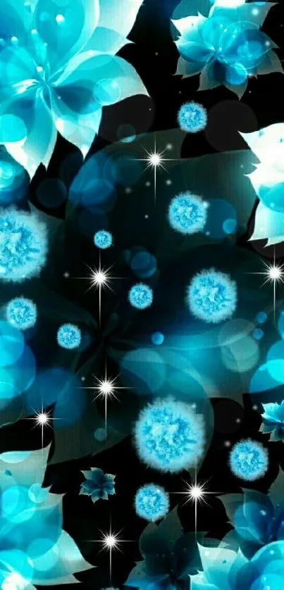 Abstract blue floral glowing phone wallpaper with a dark background.