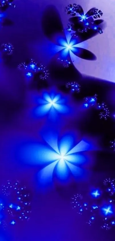 Vibrant blue and purple abstract floral wallpaper with glowing flowers.