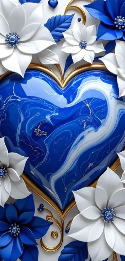 Blue heart and white flowers wallpaper design.