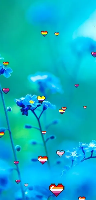 Blue flowers with colorful pixel hearts.