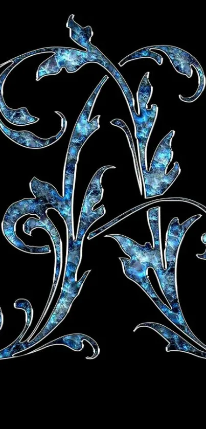 Elegant blue floral letter on black background wallpaper.