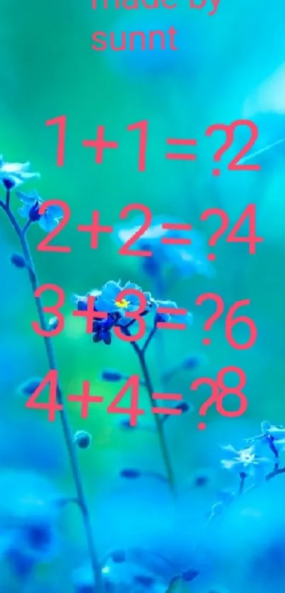 Blue floral wallpaper with math equations in red text.