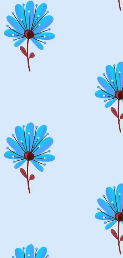 Blue floral wallpaper with abstract flowers on light blue background.