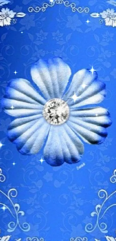 Blue floral wallpaper with crystal flower and elegant patterns.