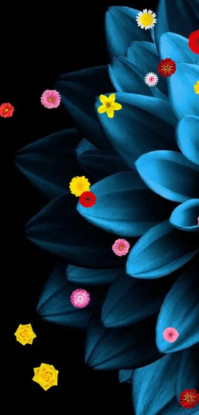 Blue floral wallpaper with dark background.