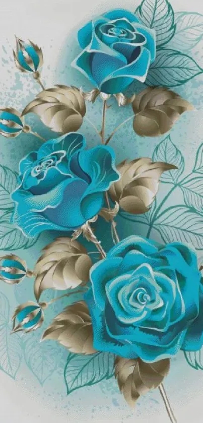 Artistic blue rose wallpaper with leaves and petals.