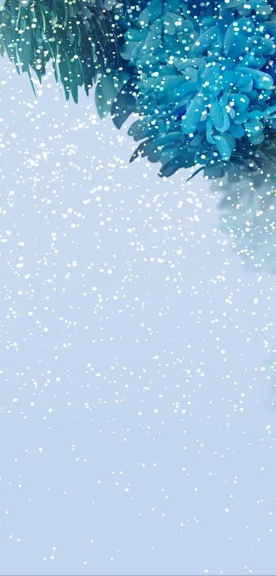Blue flowers with falling snowflakes create a serene wallpaper.