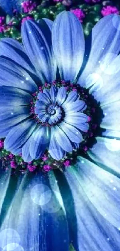 Intricate blue floral spiral with vibrant petals and artistic design.