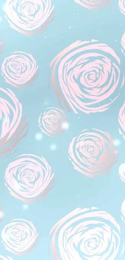 Blue background with pink floral swirls.