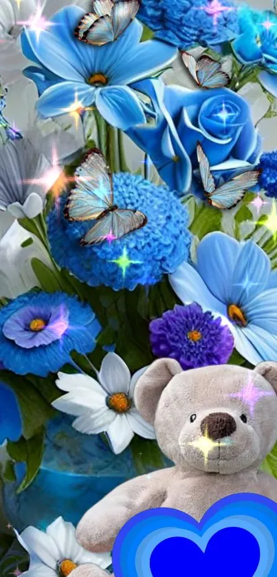 Blue floral wallpaper with teddy bear and butterflies.