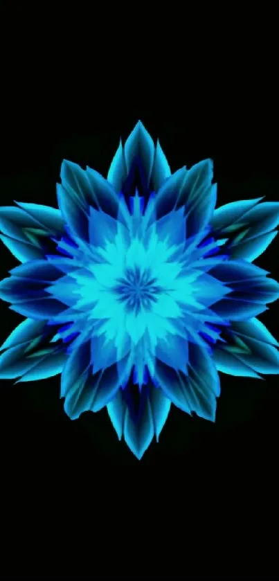 Abstract blue flower mandala on black background wallpaper for mobile.