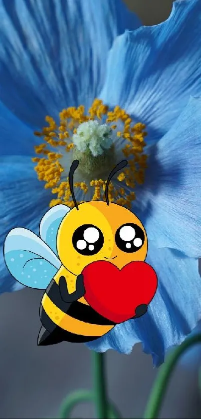 Cartoon bee with heart on blue flower wallpaper.