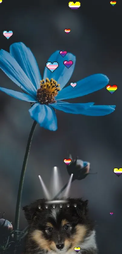 Blue flower and puppy under a dark sky in artistic mobile wallpaper.