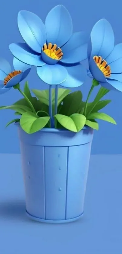 Blue flower pot with green leaves wallpaper