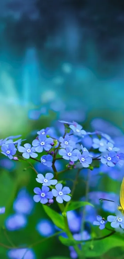 Blue flowers with yellow butterfly on a green background in a serene mobile wallpaper.