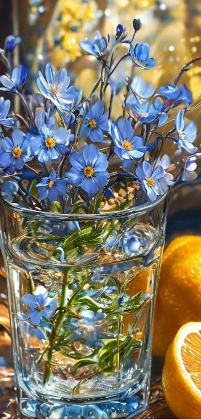 Blue flowers in glass vase with lemons, vibrant wallpaper.