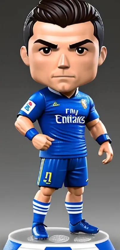 Cartoon football figure in blue jersey standing confidently.