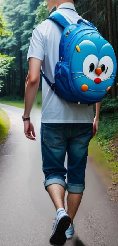 Person with blue cartoon backpack walking in a green forest path.