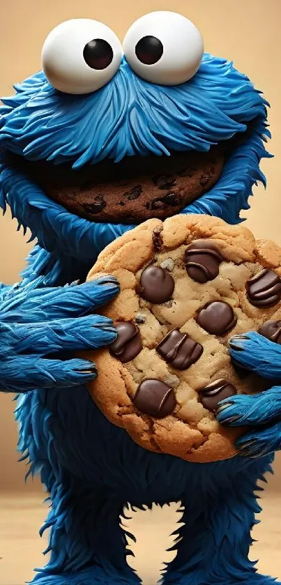 Blue furry character holding large cookies in vibrant cartoon style.