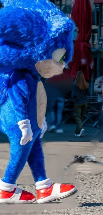 Blue furry character walking in a city street with a busy urban background.