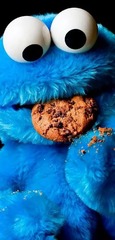 Blue furry character with a cookie on a black background.