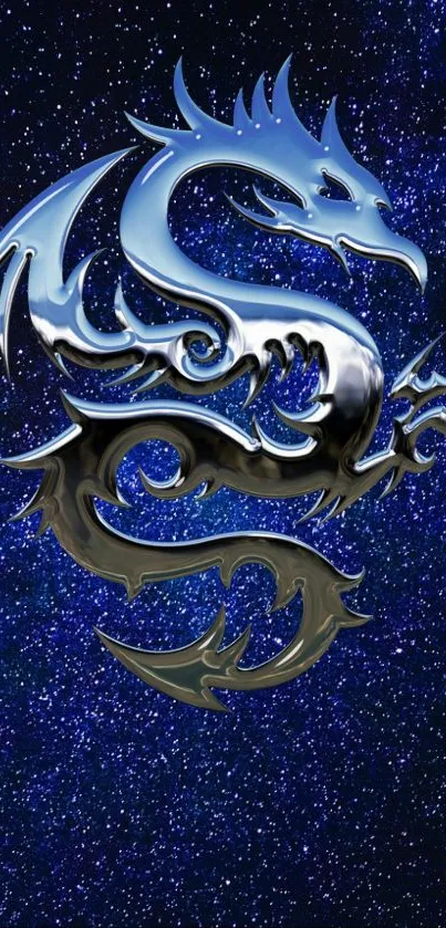 Metallic dragon against a blue galaxy backdrop, perfect for mobile screens.