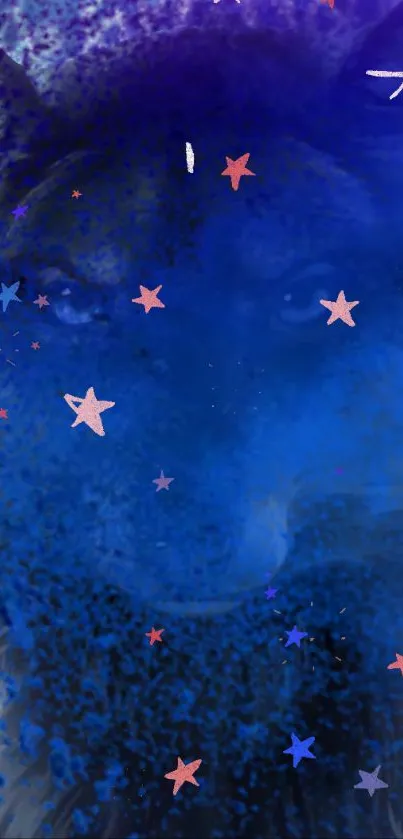 Blue galaxy wolf with star accents in a mystical wallpaper design.