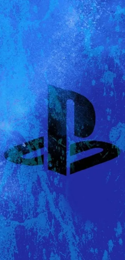 Blue gaming console logo on dynamic splash background.