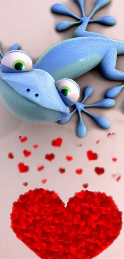 Blue gecko with heart confetti on a soft background.