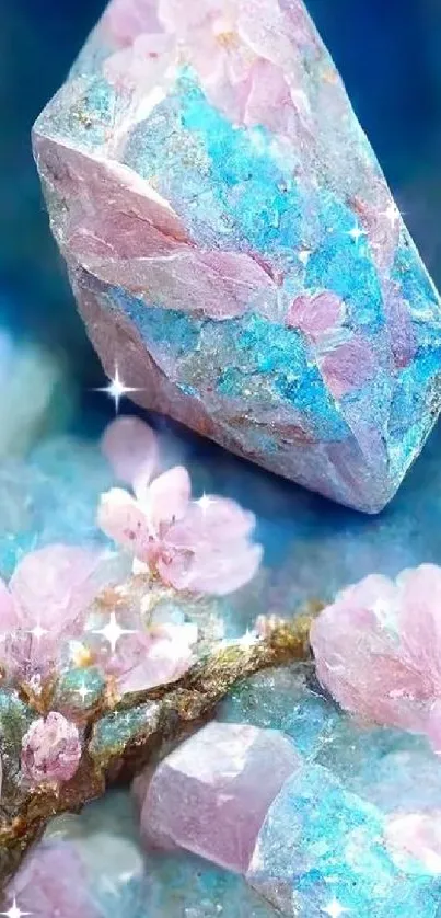 Blue gemstone with pink cherry blossoms wallpaper