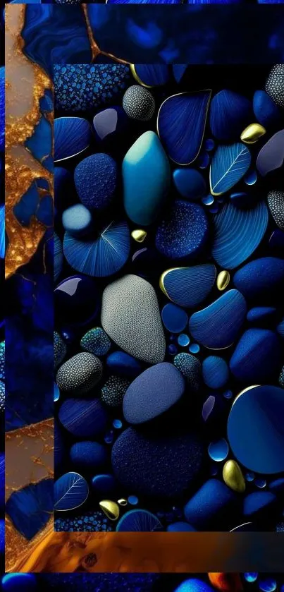 Abstract blue gemstones with gold accents wallpaper.