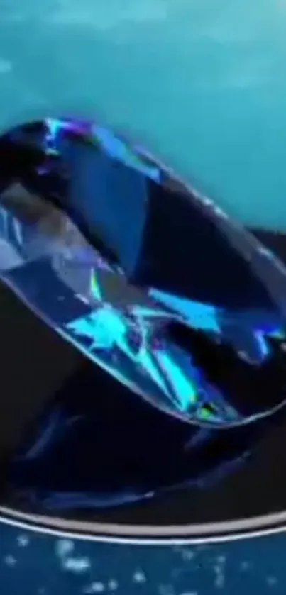 Reflective blue gemstone on black surface wallpaper.