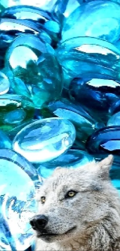 A wolf surrounded by vibrant blue gemstones on a wallpaper.