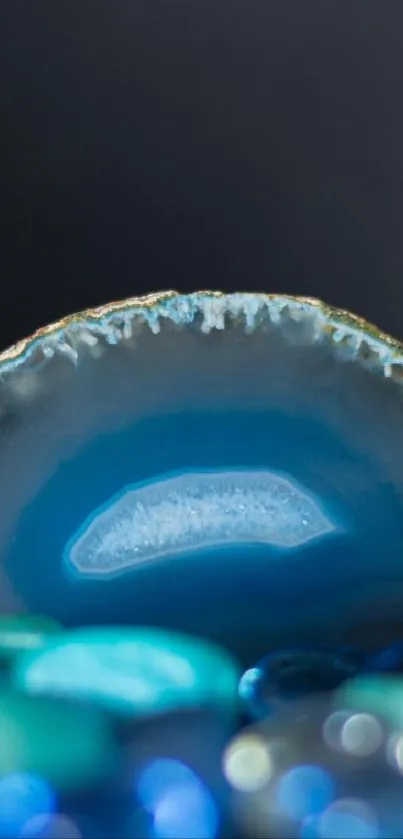 Close-up of a blue geode with vibrant turquoise hues.